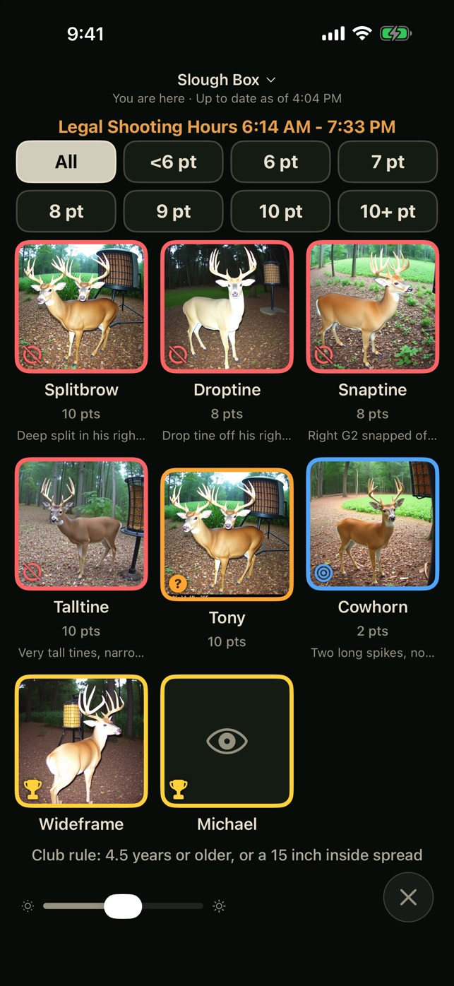 Hunting mode: a dark screen listing legal shooting hours and the deer you might see from this stand